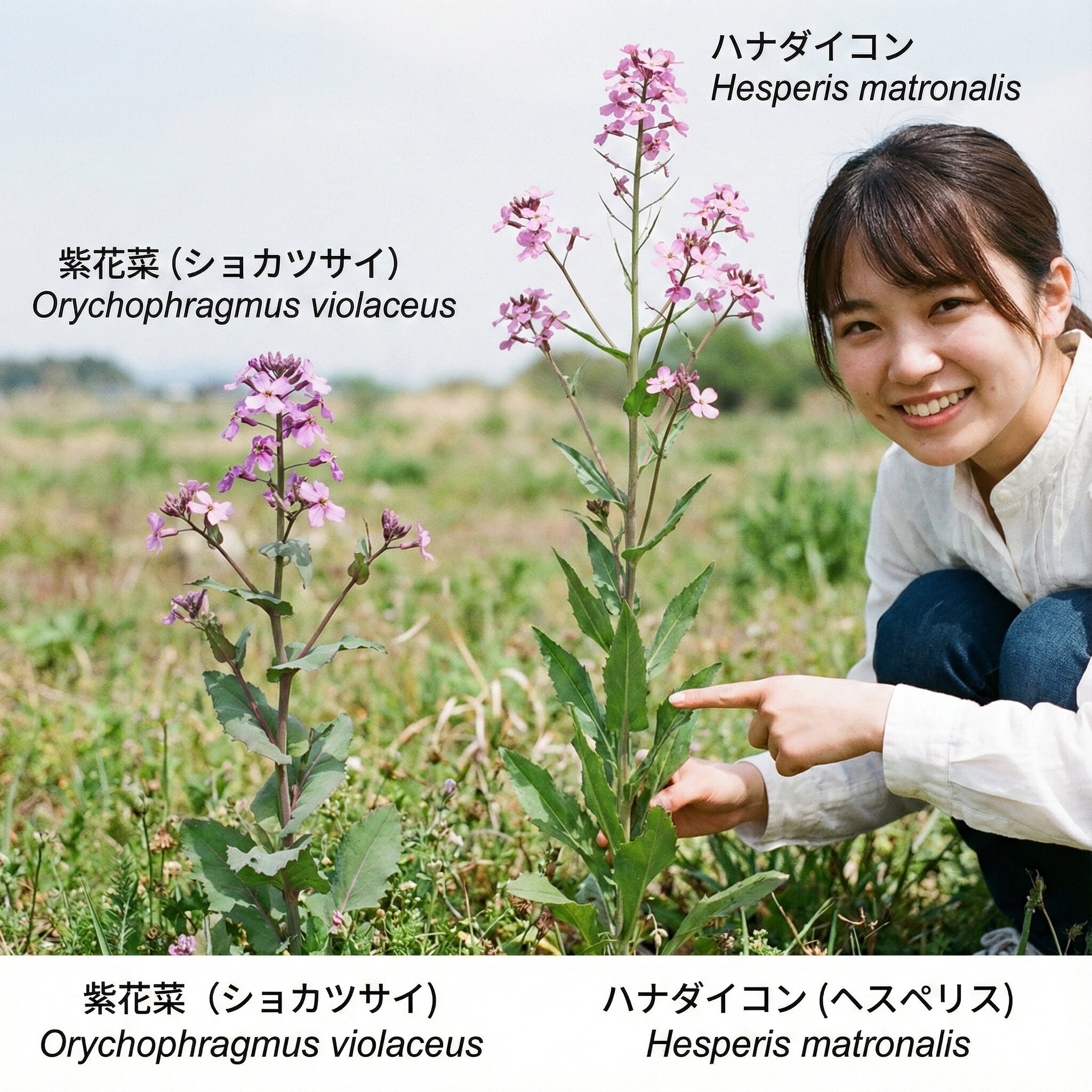 紫花菜の育て方10　草丈や葉のつき方が異なる紫花菜とハナダイコンの比較