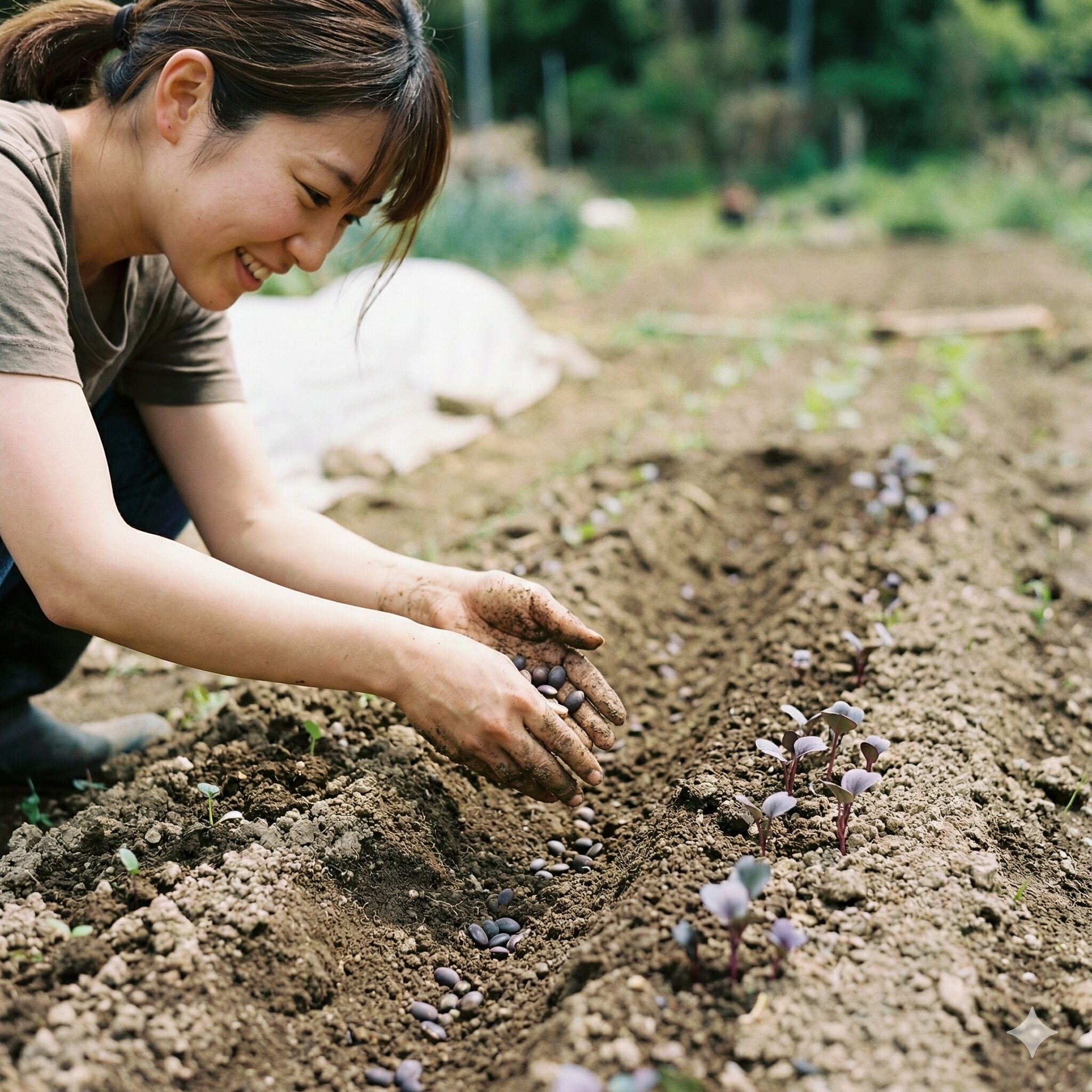紫花菜の育て方4　秋に行う紫花菜の種まきと発芽したばかりの双葉