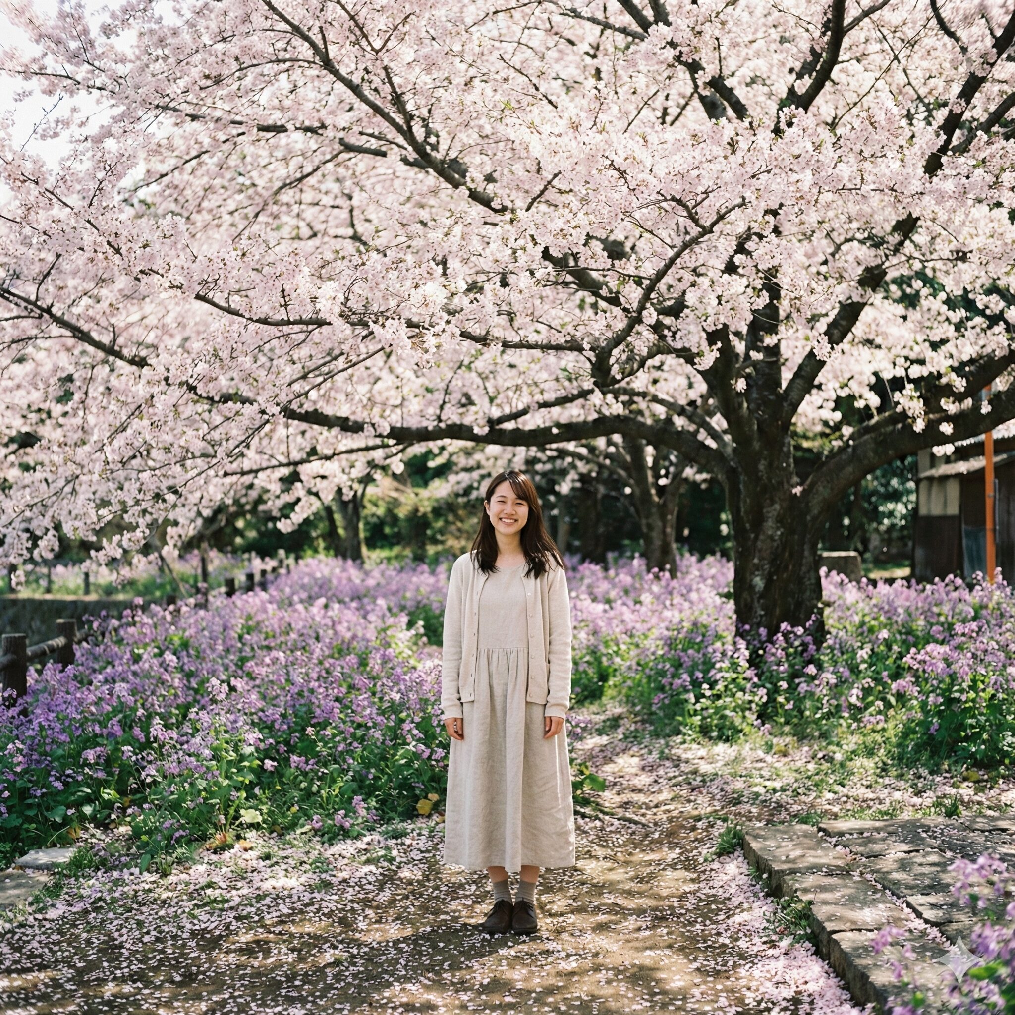 紫花菜の育て方5　桜の木の下の半日陰で美しく咲く紫花菜の群生