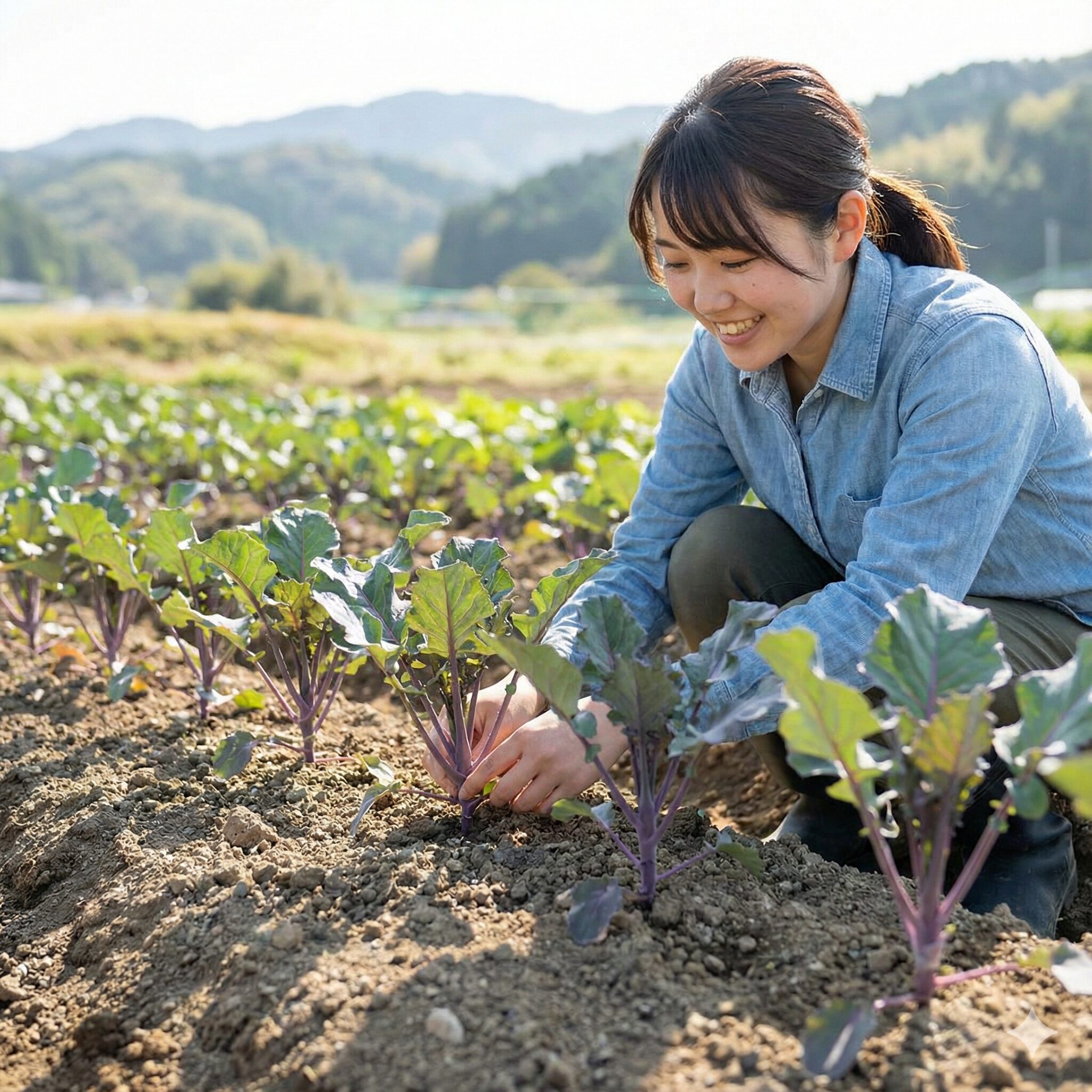 紫花菜の育て方6　風通しを良くするために適切な株間を空けて育てている紫花菜