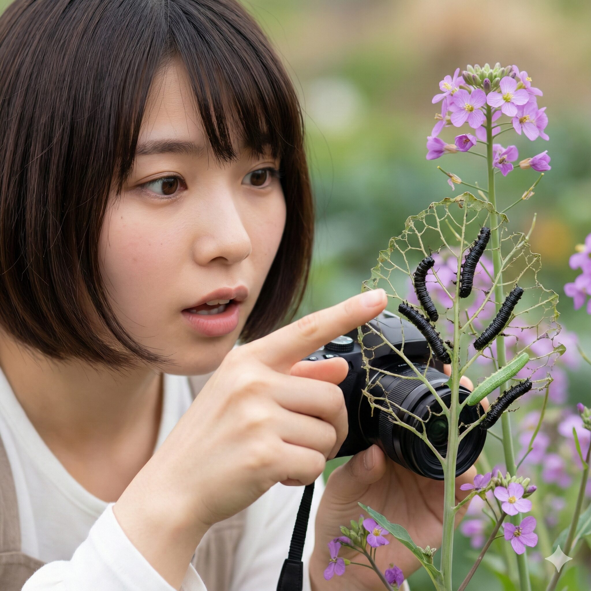 紫花菜の育て方8　紫花菜の葉を食害する黒いカブラハバチの幼虫