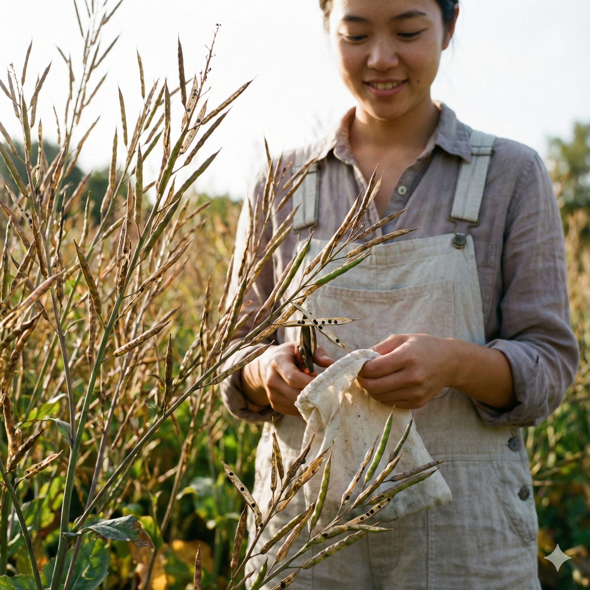紫花菜の育て方9　種採取の適期を迎えた茶色く乾燥した紫花菜の鞘
