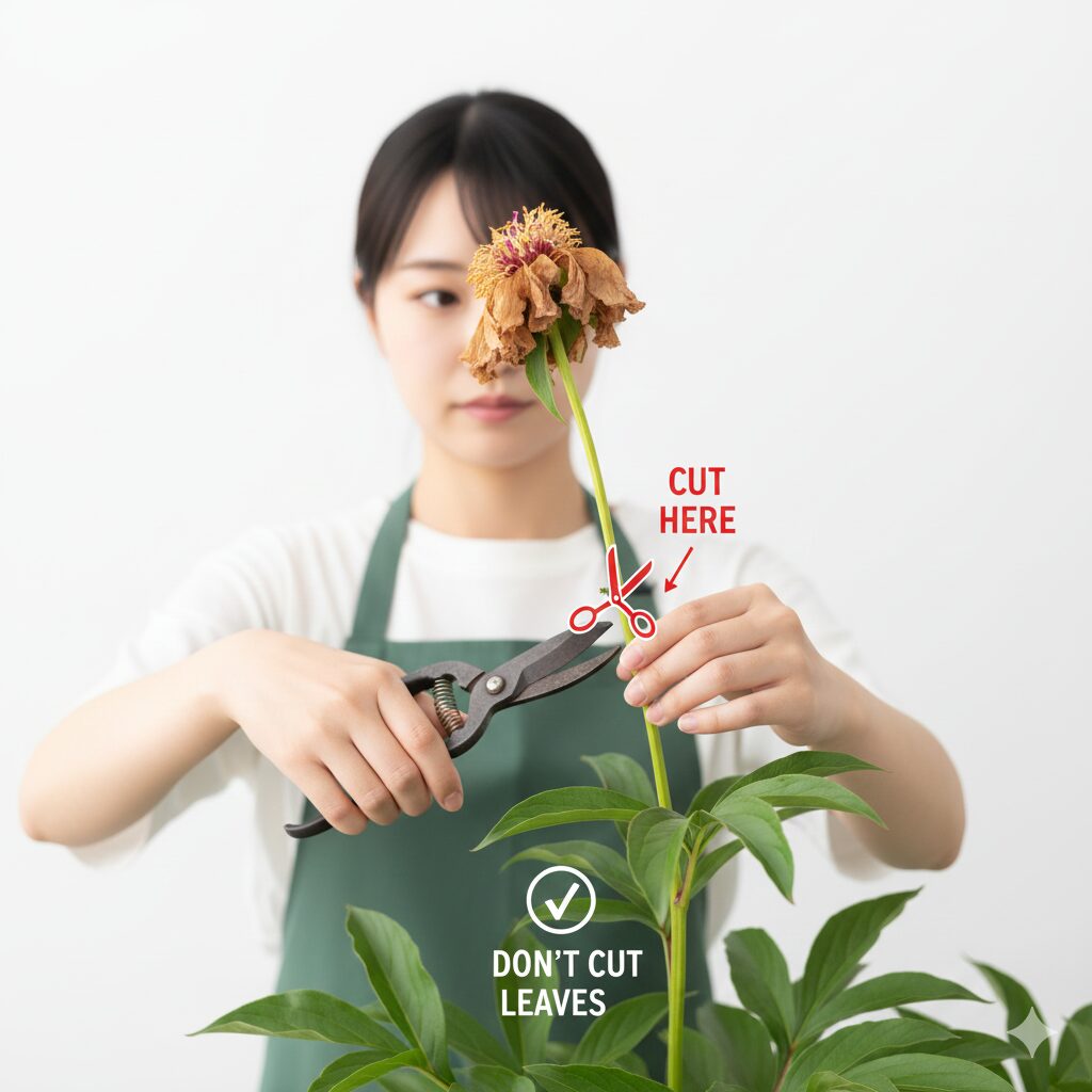 芍薬 庭に植えてはいけない10　来年の花芽のために葉を残して花首だけを切る芍薬の花後の剪定位置の図解