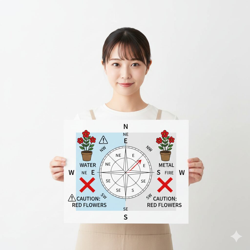 芍薬 庭に植えてはいけない2　風水において芍薬（火の気）を植えると相性が悪いとされる北（水）と北西（金）の方位図