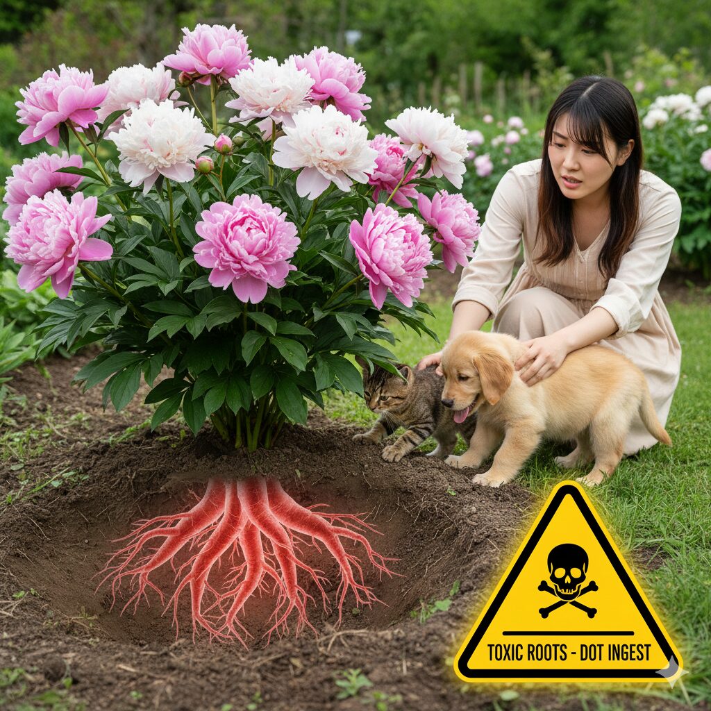 芍薬 庭に植えてはいけない3　犬や猫が芍薬の毒性成分を含む根を誤食しないよう注意が必要なイメージ図