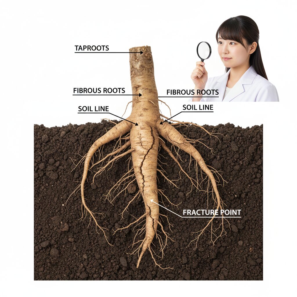 芍薬 庭に植えてはいけない4　移植を難しくしている芍薬の太く折れやすい直根性（貯蔵根）の根の構造イラスト