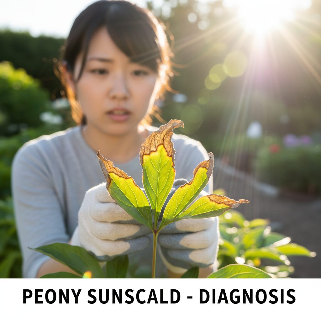 芍薬 庭に植えてはいけない5　強い西日が当たる場所に植えたことで葉焼けを起こし茶色く変色した芍薬の葉