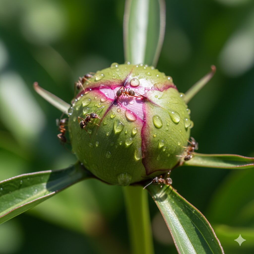 芍薬 庭に植えてはいけない6　開花前の芍薬の蕾から分泌される蜜に誘引されて集まる蟻（アリ）の様子