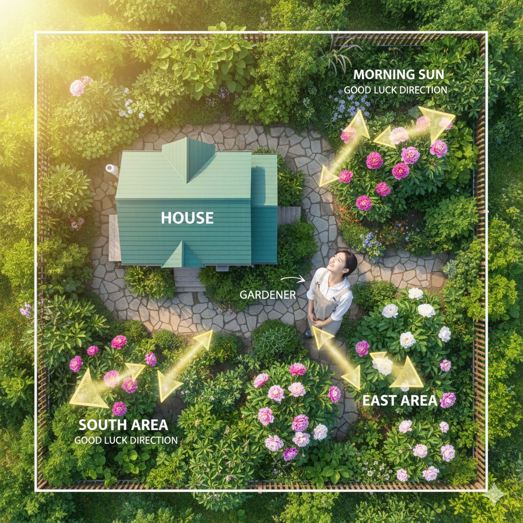 芍薬 庭に植えてはいけない7　風水的に運気を上げ芍薬の生育にも適した東と南東への植栽レイアウト図