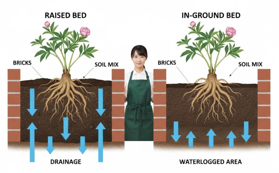 芍薬 庭に植えてはいけない8　水はけを改善し根腐れを防ぐために土を盛り上げた芍薬の高植え（レイズドベッド）の断面図
