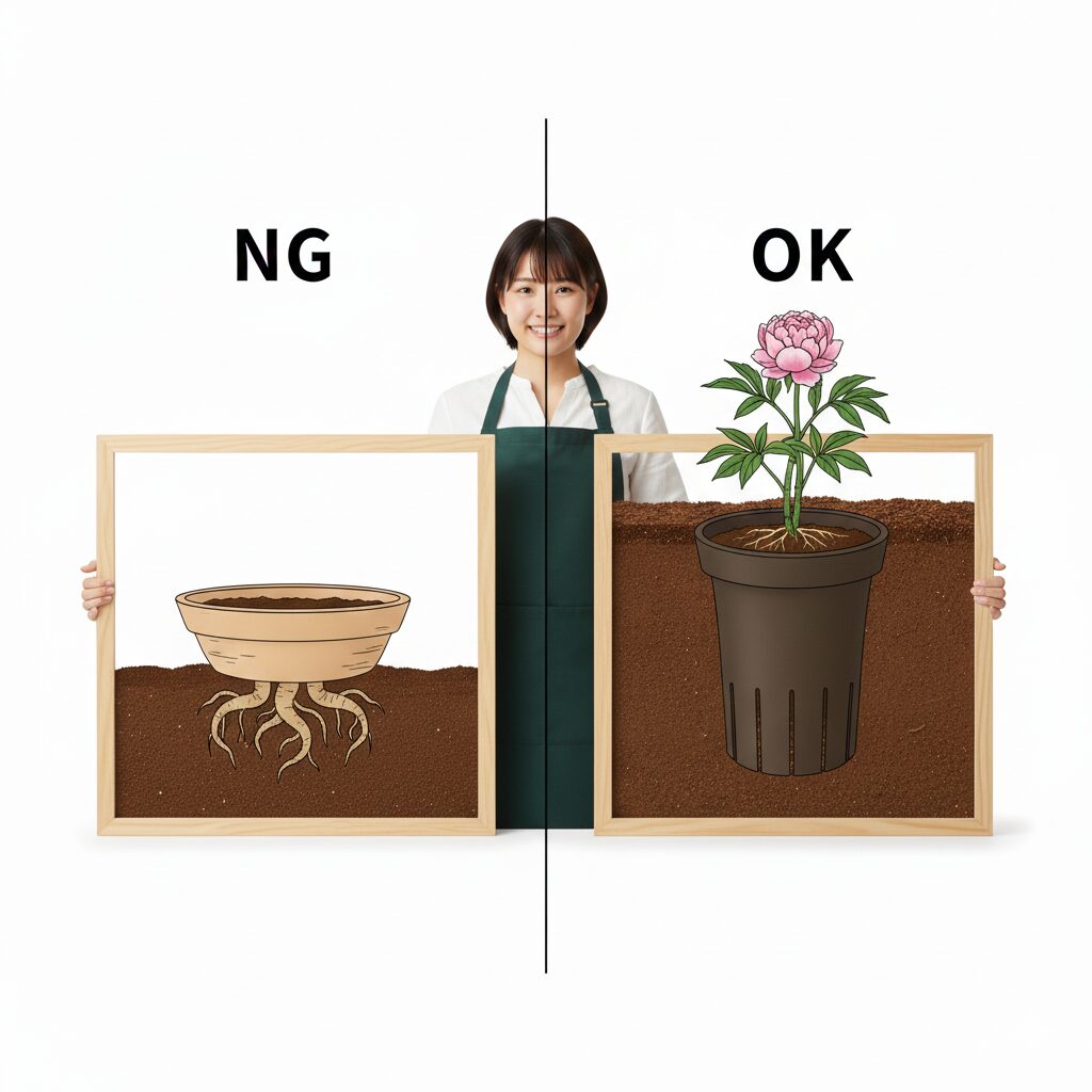 芍薬 庭に植えてはいけない9　芍薬の直根を育てるために必要な深鉢（ロングポット）と浅い鉢の比較図