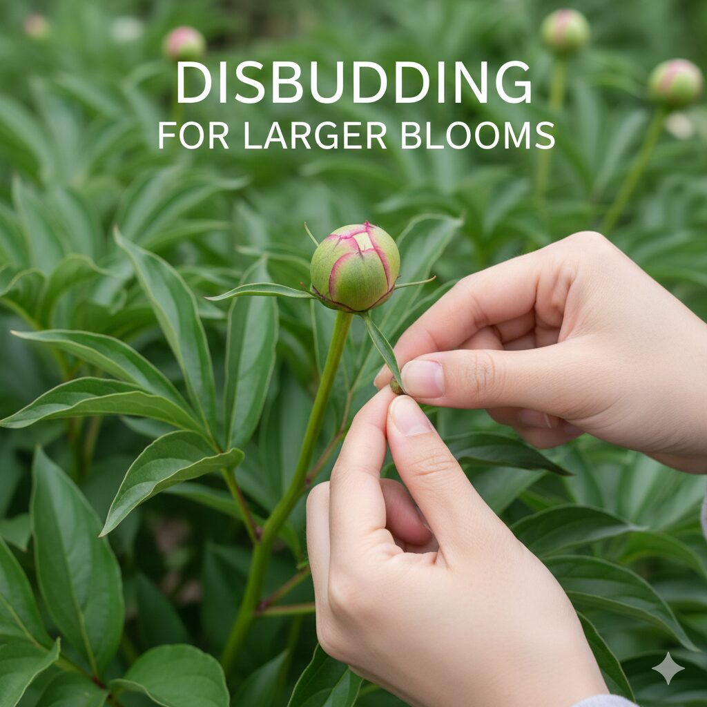 芍薬 育て方 花が咲かない10　栄養を集中させて大輪の花を咲かせるために芍薬の脇芽を摘み取る摘蕾作業