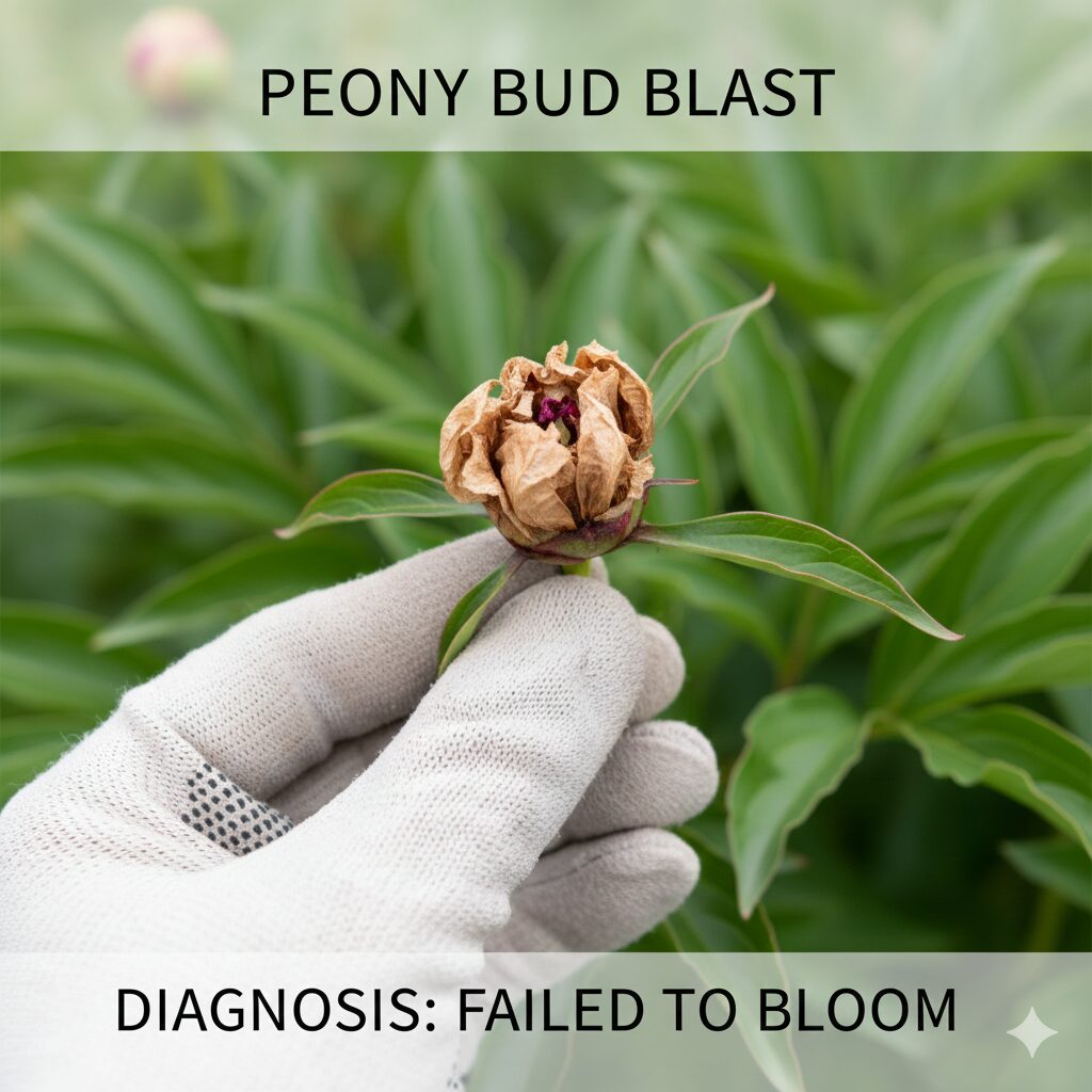 芍薬 育て方 花が咲かない2　成長が止まり茶色く変色して枯れてしまった芍薬の蕾（ブラスティング現象）