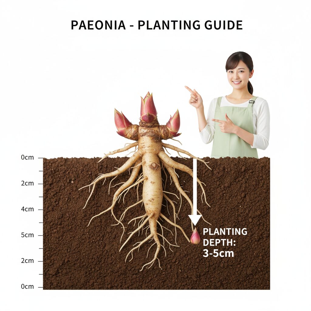 芍薬 育て方 花が咲かない3　芍薬の正しい植え付け深さ（芽の上に土が3cmから5cm被る状態）を示す断面図