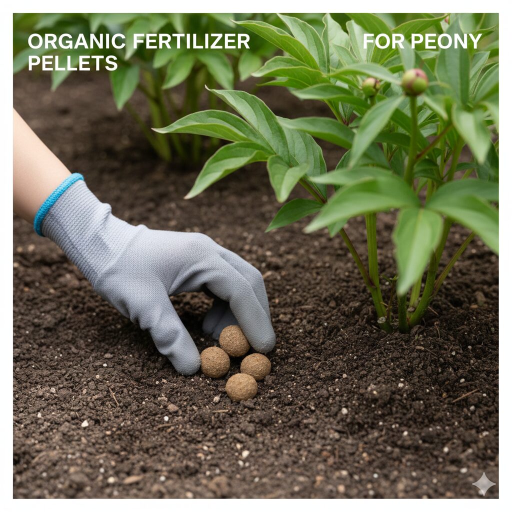 芍薬 育て方 花が咲かない5　芍薬の開花を促すために株元へ有機肥料（追肥）を与えている様子