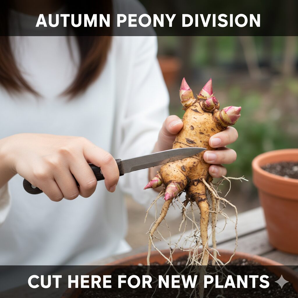 芍薬 育て方 花が咲かない8　秋の適期に行う芍薬の株分け作業で根茎をナイフで分割している様子