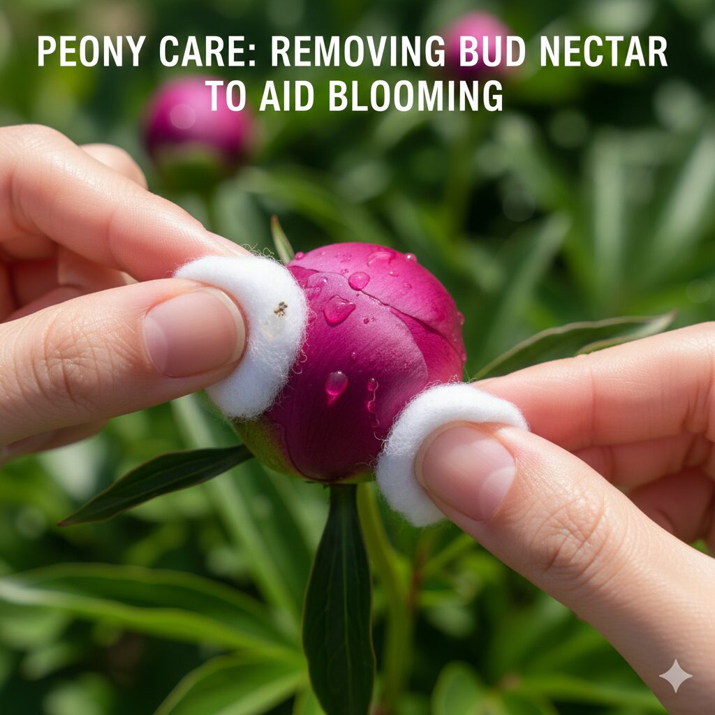 芍薬 育て方 花が咲かない9　芍薬の蕾が開かない原因となる粘着性の蜜を濡らした布で拭き取っている様子