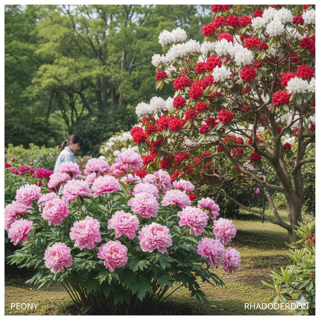 芍薬とシャクナゲの違い1　庭園で並んで咲く草本植物の芍薬と木本植物のシャクナゲの全体比較写真