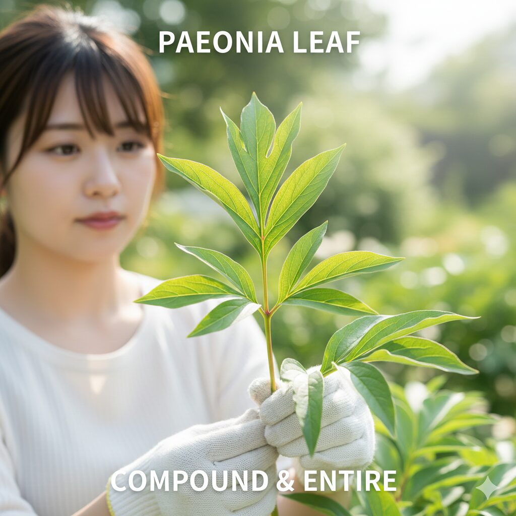 芍薬とシャクナゲの違い2　柔らかく薄い質感が特徴的な芍薬（シャクヤク）の複葉のクローズアップ