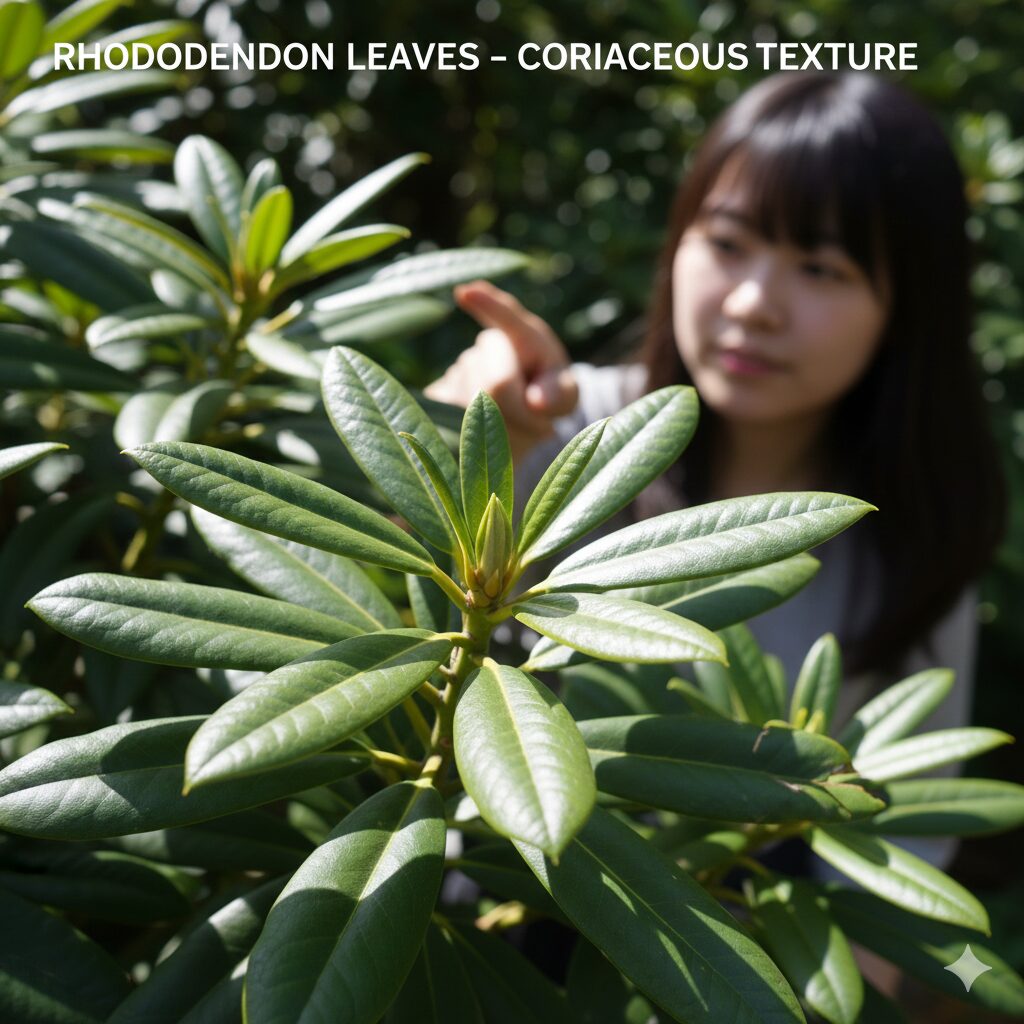 芍薬とシャクナゲの違い3　芍薬とシャクナゲの違い3厚みがあり強い光沢を持つ革質なシャクナゲの葉のクローズアップ