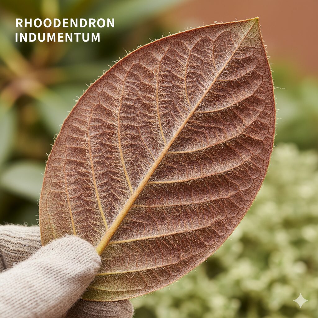 芍薬とシャクナゲの違い4　シャクナゲの見分けの決定打となる葉の裏側に密生した綿毛（毛茸）のマクロ写真