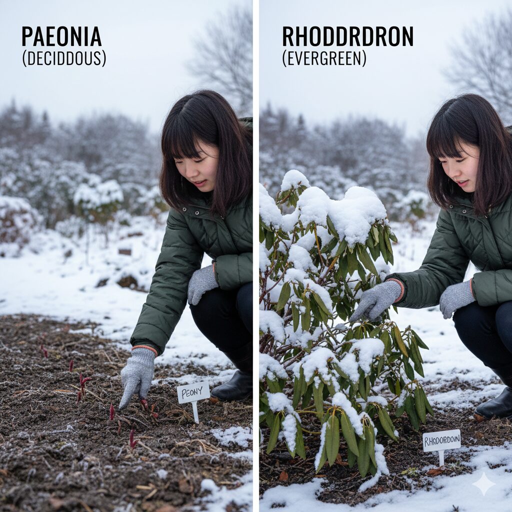 芍薬とシャクナゲの違い5　冬の姿の比較：地上部が枯れた芍薬の跡地と、寒さで葉を巻いて耐える常緑のシャクナゲ