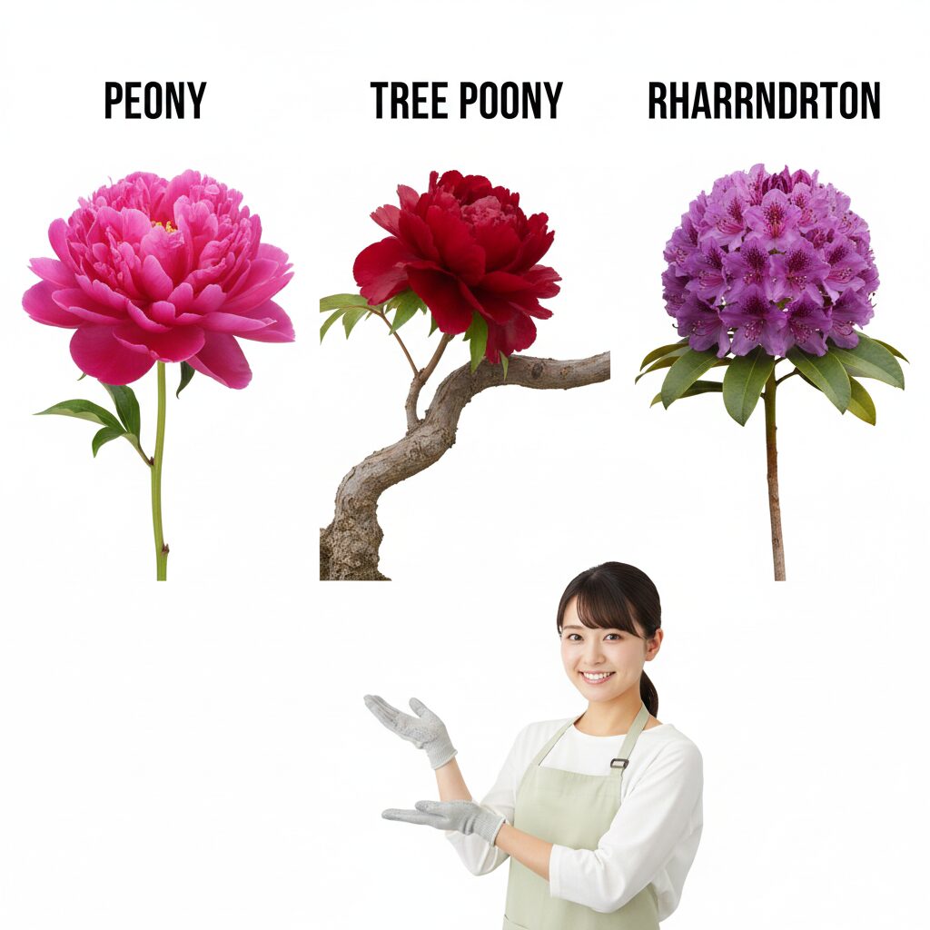 芍薬とシャクナゲの違い6　芍薬、ボタン、シャクナゲの花と茎の構造の違いを比較した写真