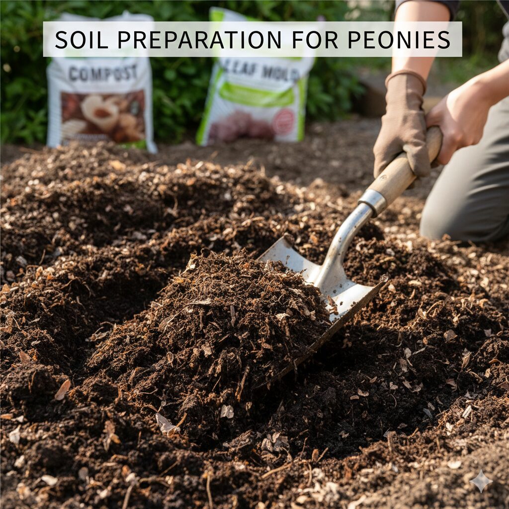 芍薬とシャクナゲの違い8　芍薬が好む堆肥や腐葉土を混ぜ込んだ肥沃な中性土壌の土作りの様子