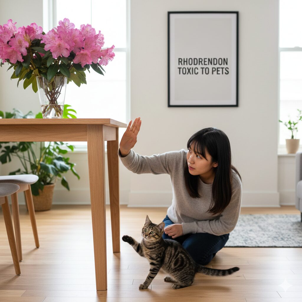 芍薬とシャクナゲの違い9　室内でシャクナゲを飾る際のペット（犬や猫）の誤食事故防止を意識した注意喚起イメージ