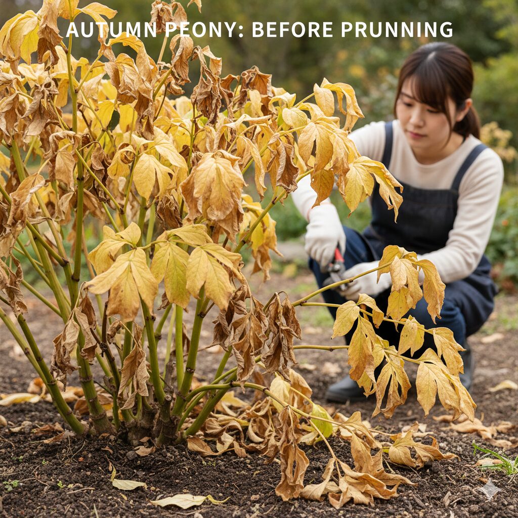 芍薬冬越し1 芍薬の剪定時期の目安となる、黄色から茶色に変色し枯れ上がった地上部の株の様子