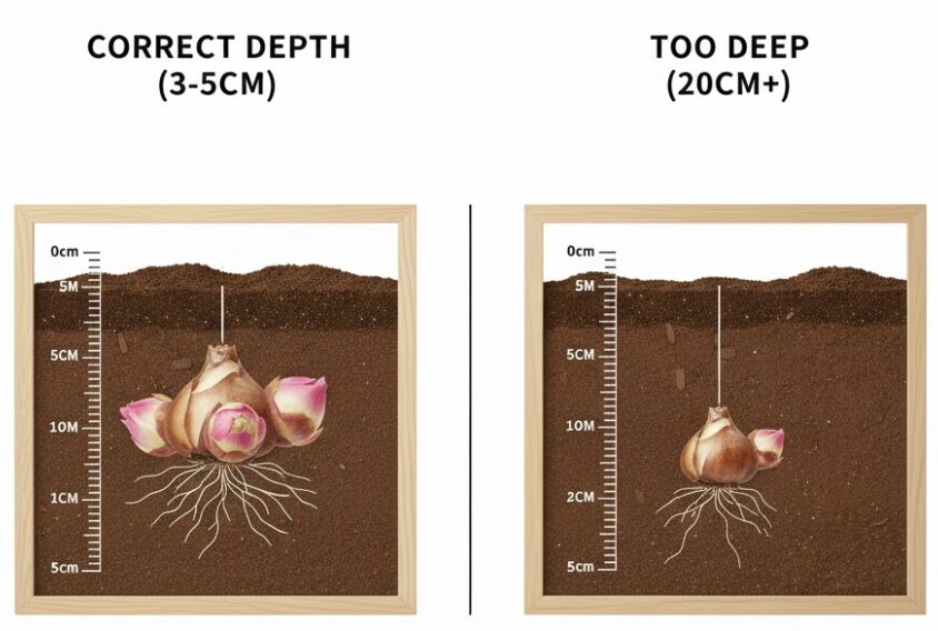 芍薬冬越し10 芍薬の最適な植え付け深さ(3〜5cm)と深すぎる植え付け(深植え)を比較した断面図