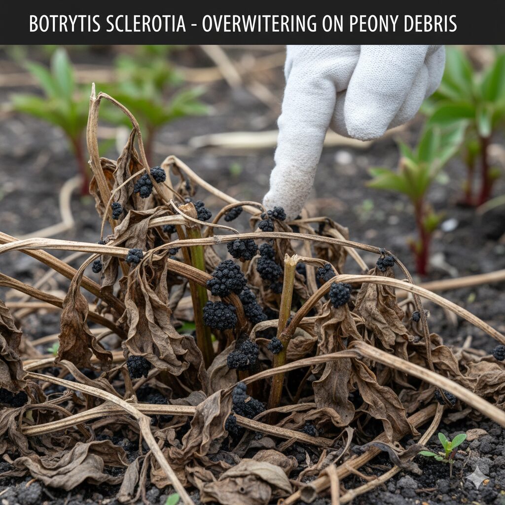 芍薬冬越し3 灰色かび病の菌核が付着した、芍薬の枯れた茎の残渣のクローズアップ写真