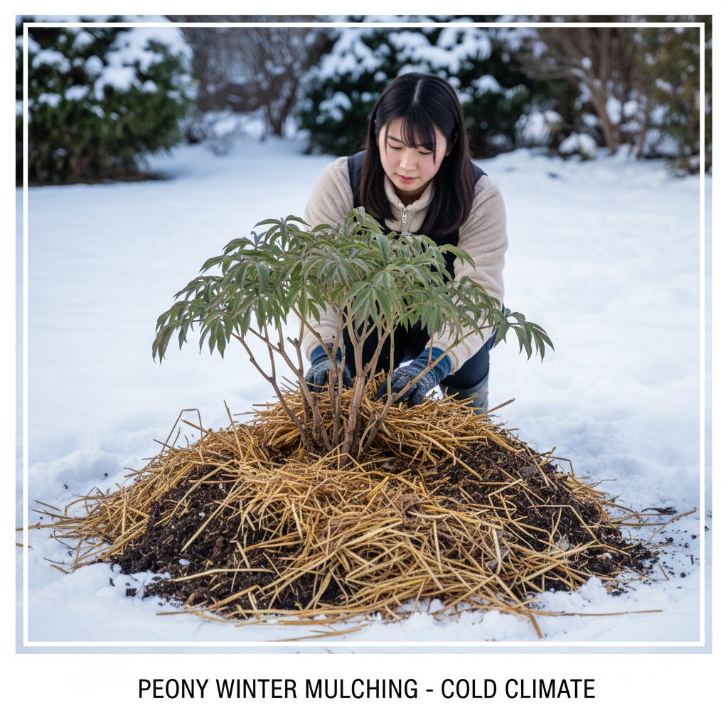芍薬冬越し5 寒冷地での凍上防止のため、厚く腐葉土や藁でマルチングされた芍薬の株元