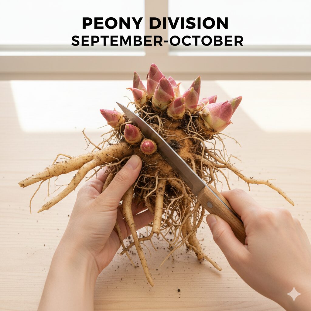 芍薬冬越し6 芽が3〜5個ついた芍薬の根茎をナイフで分割している株分け作業のクローズアップ