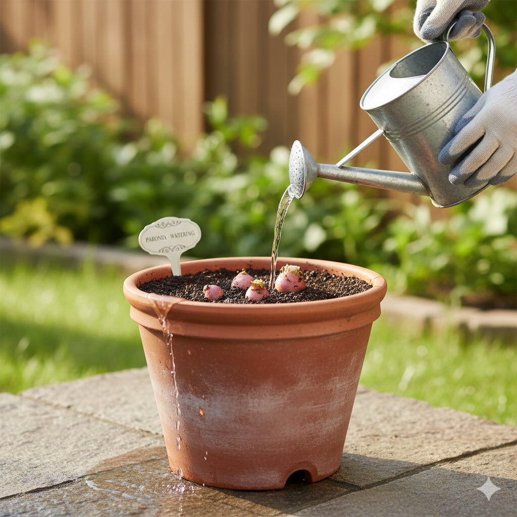 芍薬冬越し7 暖かい日の午前中に戸外に置かれた鉢植えの芍薬に水やりをする様子