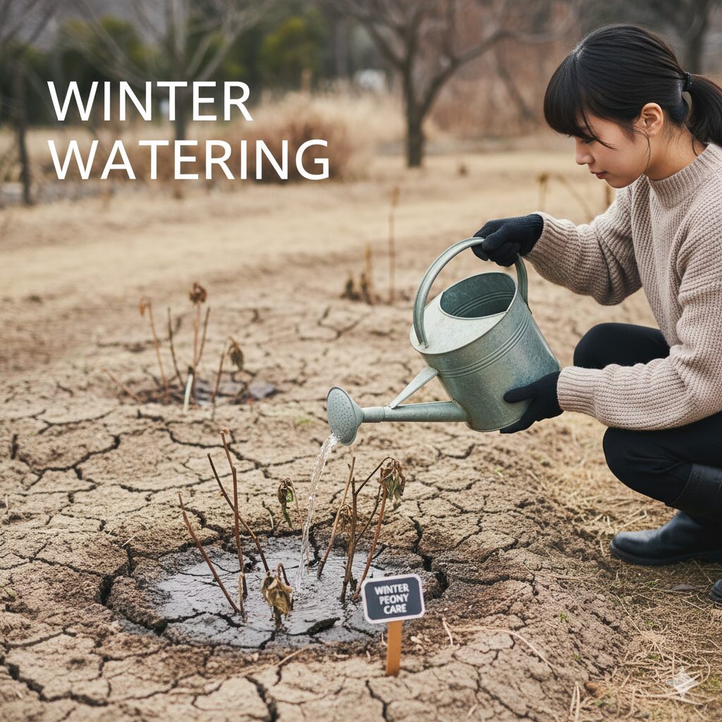 芍薬冬越し8 長期間の乾燥でひび割れた地植えの芍薬の株元の土壌と水やりをしている様子