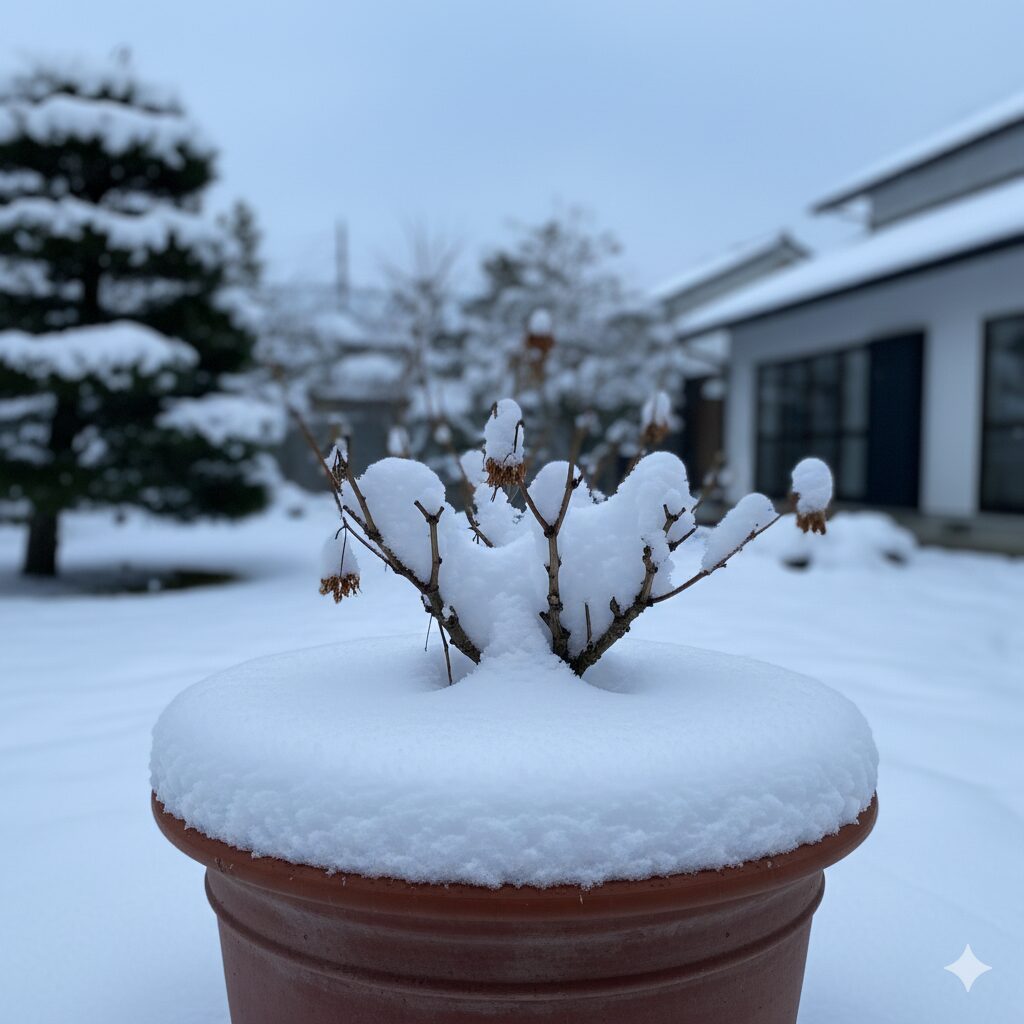 芍薬冬越し9 雪と寒さに耐え、屋外でバーナリゼーション(春化)を行っている芍薬の鉢植え