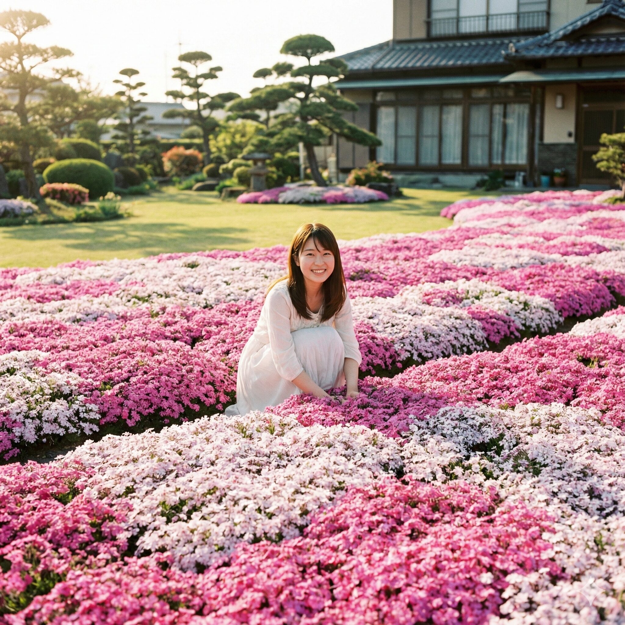 芝桜 の増やし方1　庭一面に広がるピンクと白の芝桜が満開の花の絨毯を作っている様子