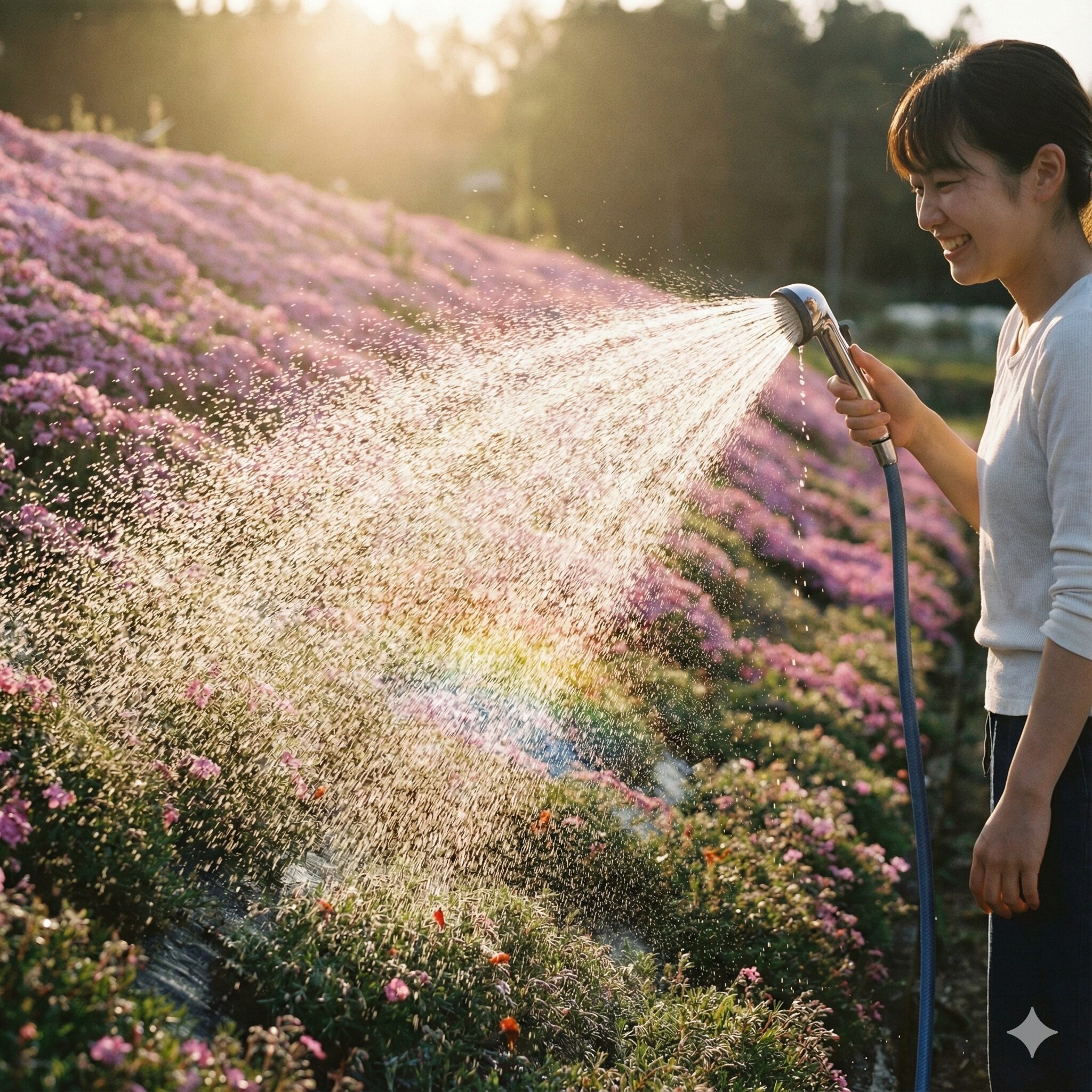 芝桜 の増やし方10　夏の乾燥期にハダニを予防するため芝桜に葉水（シャワー）を与える手入れ