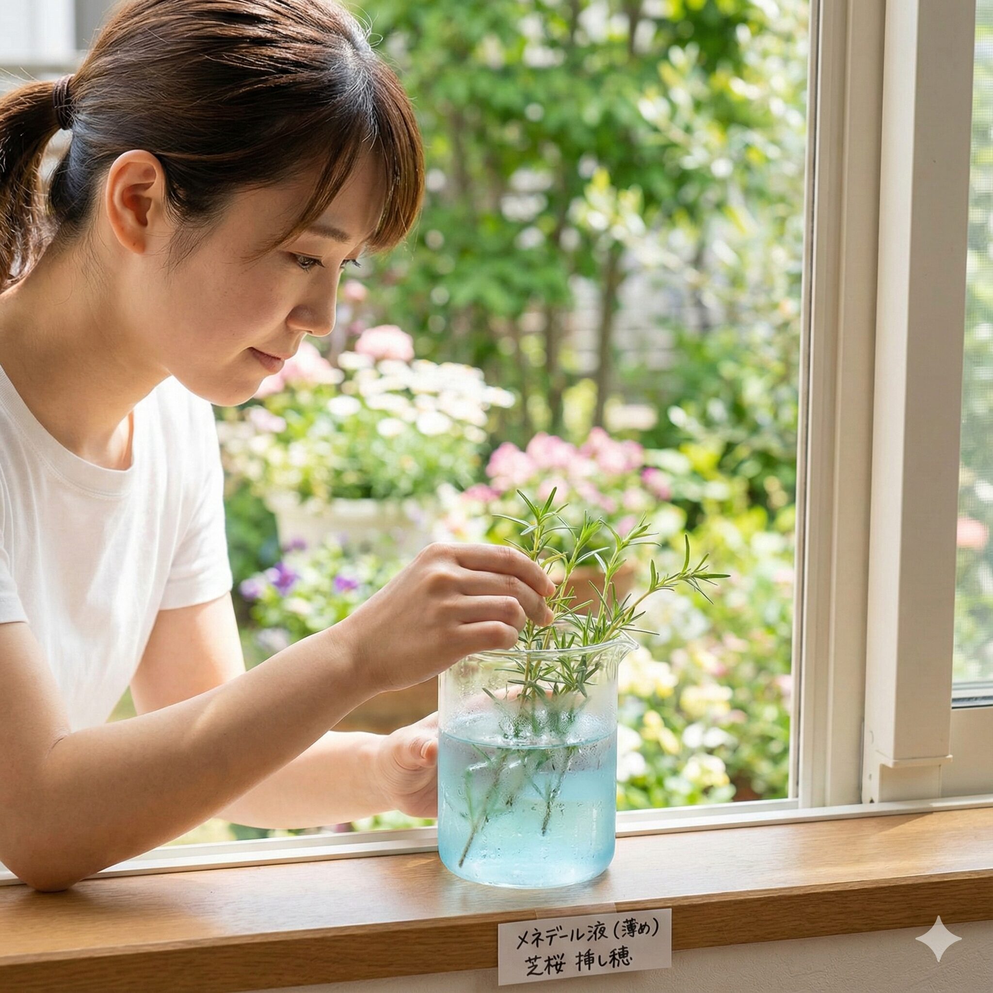 芝桜 の増やし方3　芝桜の挿し木を成功させるためのメネデール液による挿し穂の水揚げ作業