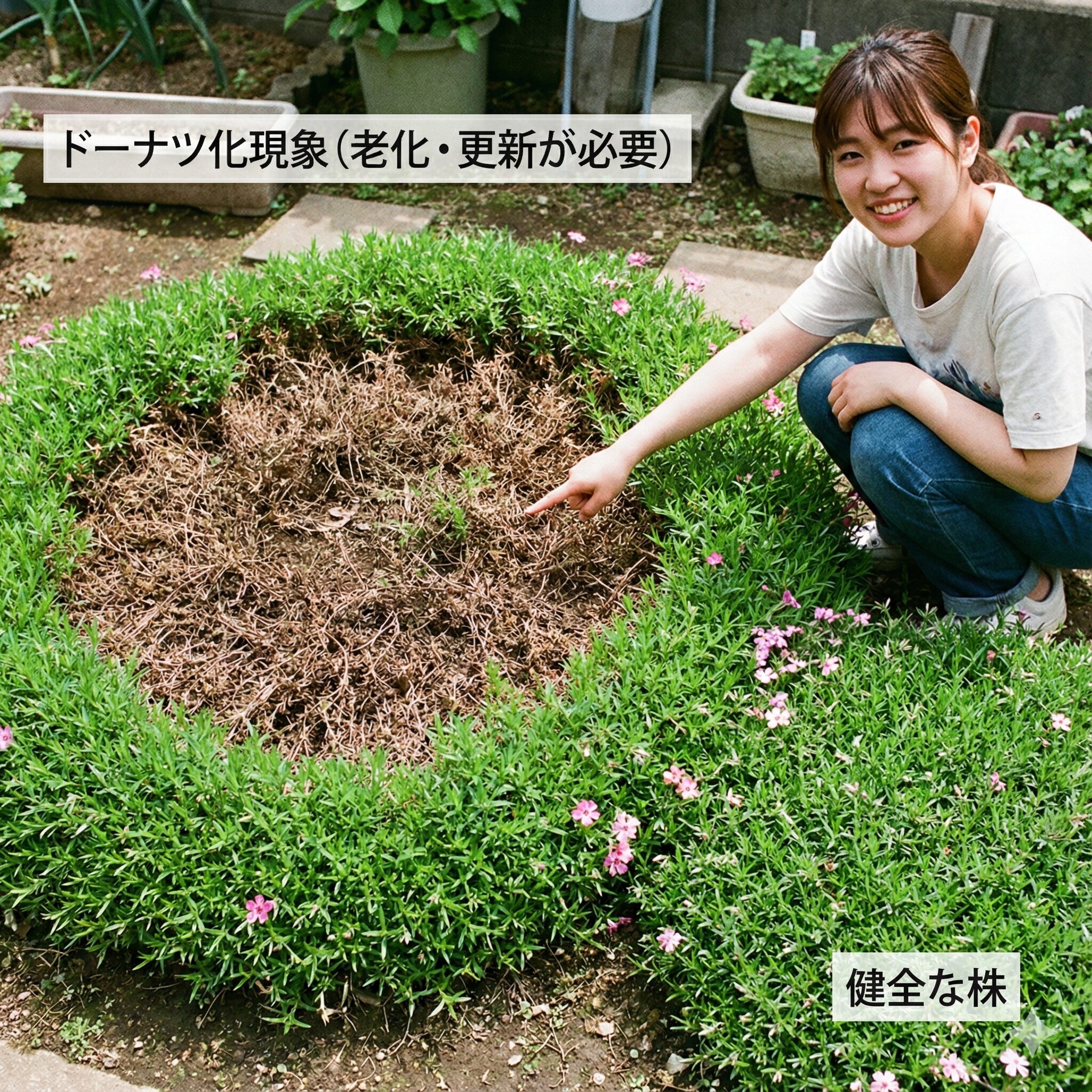 芝桜 の増やし方5　中心部が枯れてドーナツ化現象が起きた老化後の芝桜の株