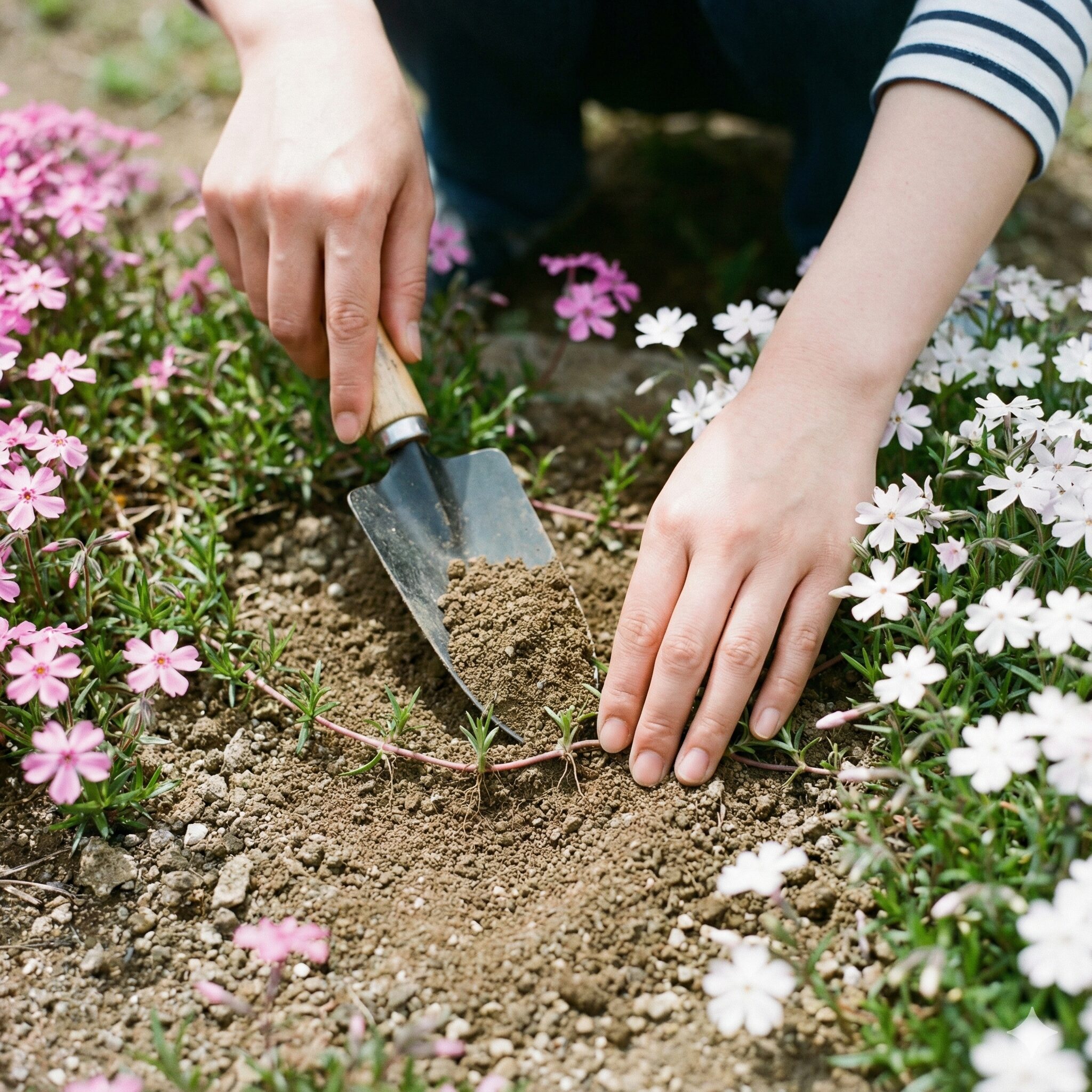 芝桜 の増やし方7　芝桜の茎に目土を被せて節からの発根を促し被覆面積を広げる作業