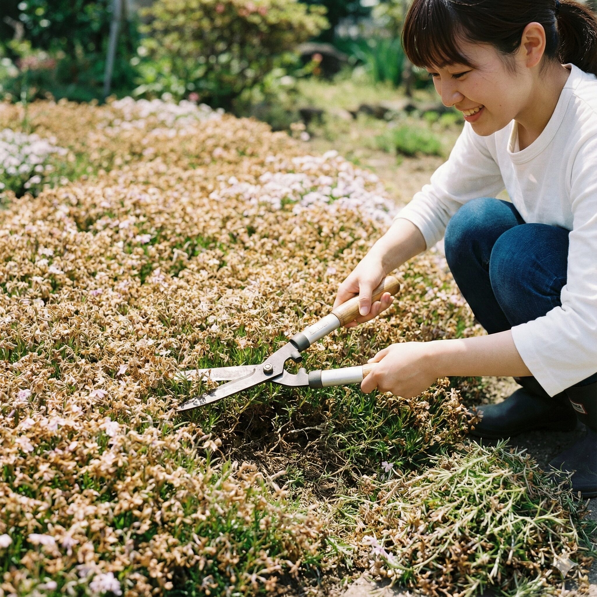 芝桜 の増やし方8　蒸れ防止と新芽促進のために花後の芝桜をバッサリと刈り込む剪定作業