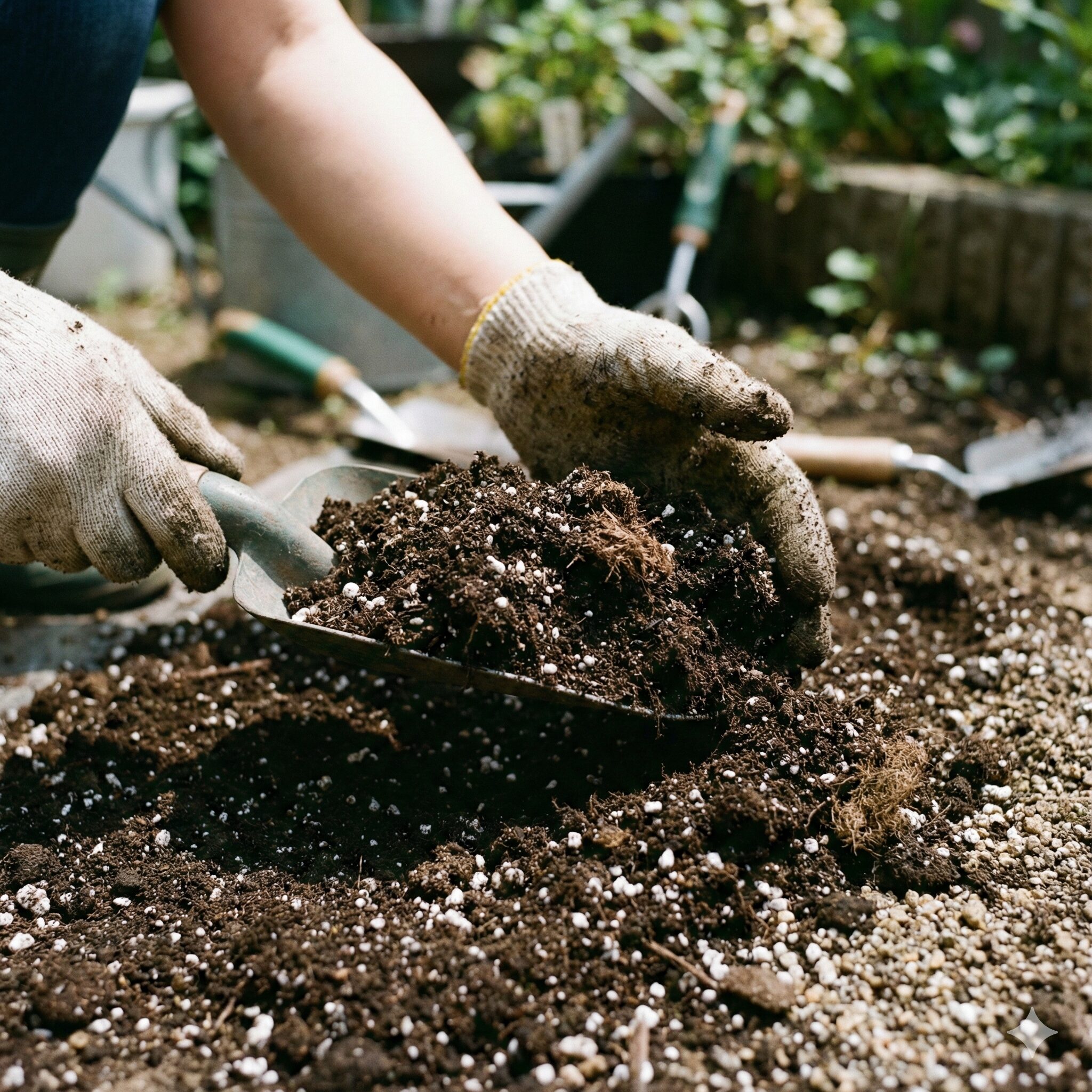 芝桜 の植え方3 芝桜のために腐葉土や川砂を混ぜて水はけを良くする土作りの作業風景