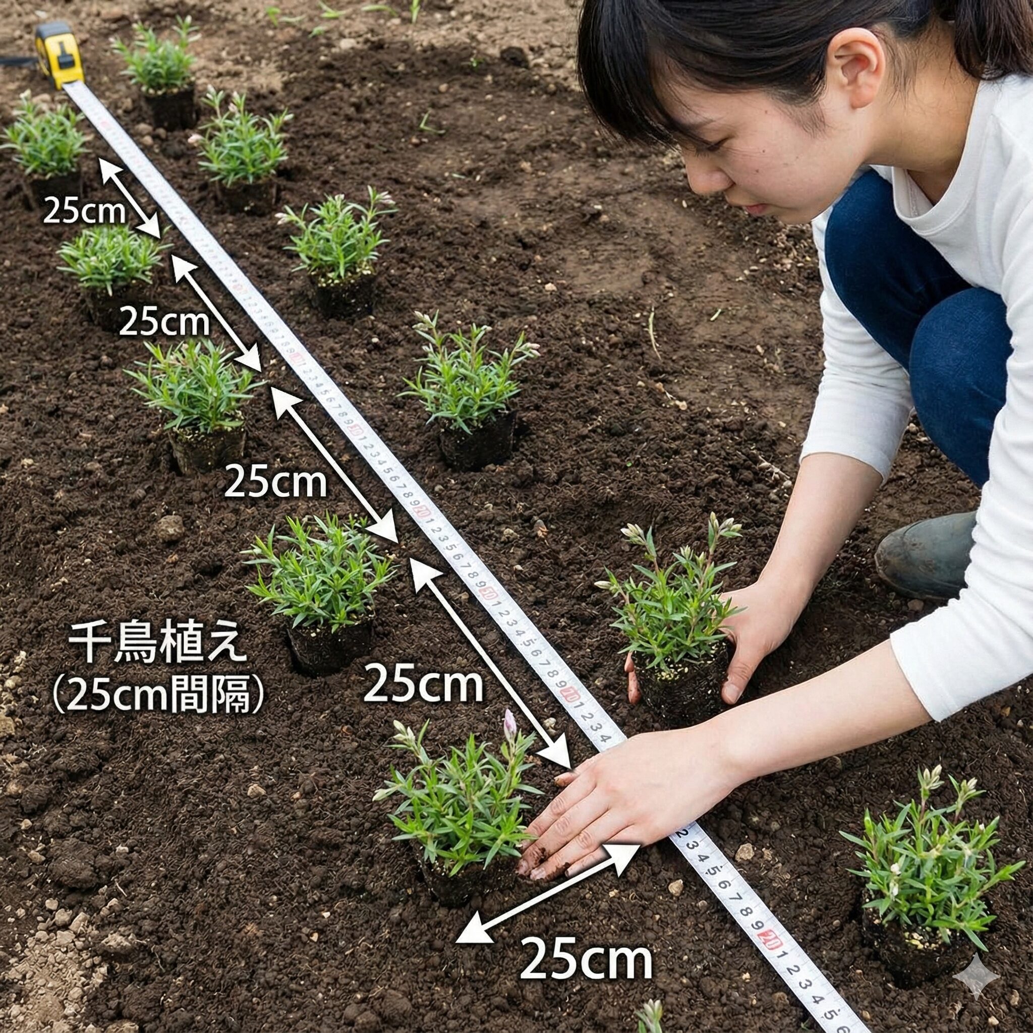 芝桜 の植え方4 芝桜の苗を20〜30cmの間隔で千鳥植えにする配置のレイアウト