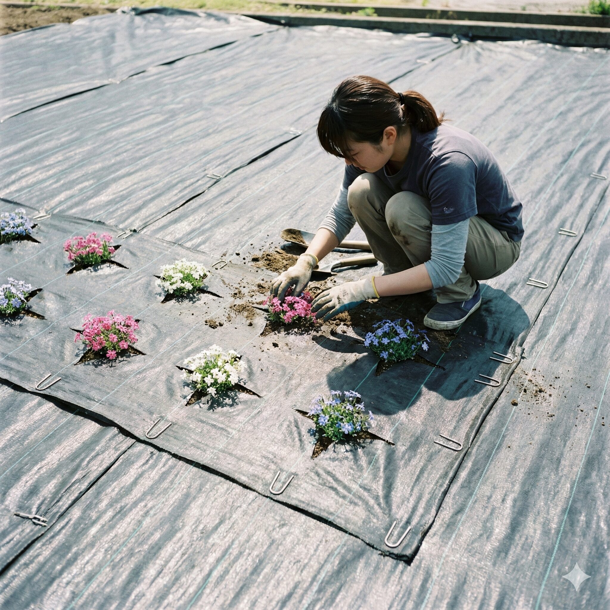 芝桜 の植え方5 防草シートに切り込みを入れて芝桜を植え付ける雑草対策の施工例