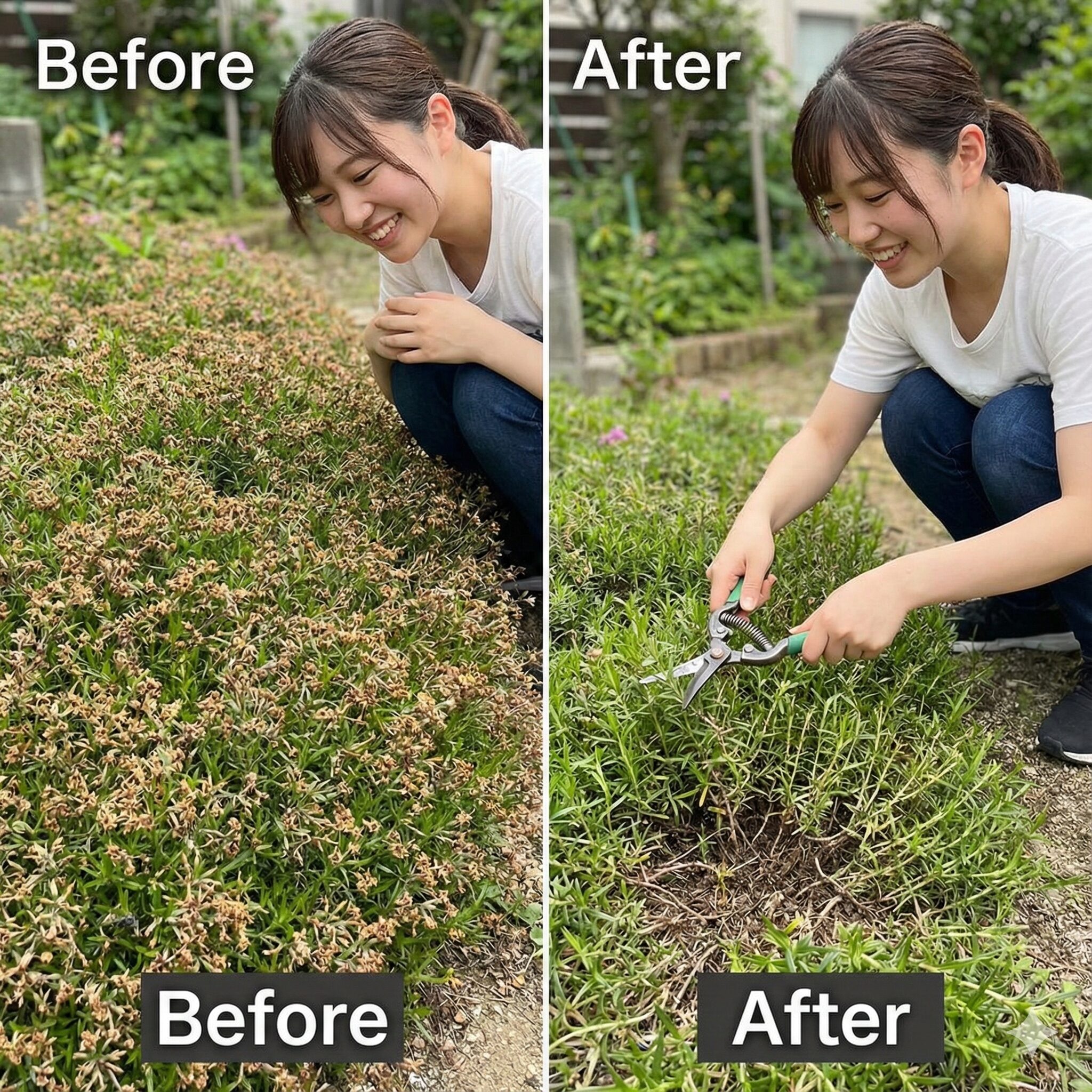 芝桜 の植え方7 花が終わった後の芝桜を蒸れ防止のためにハサミで刈り込む剪定作業