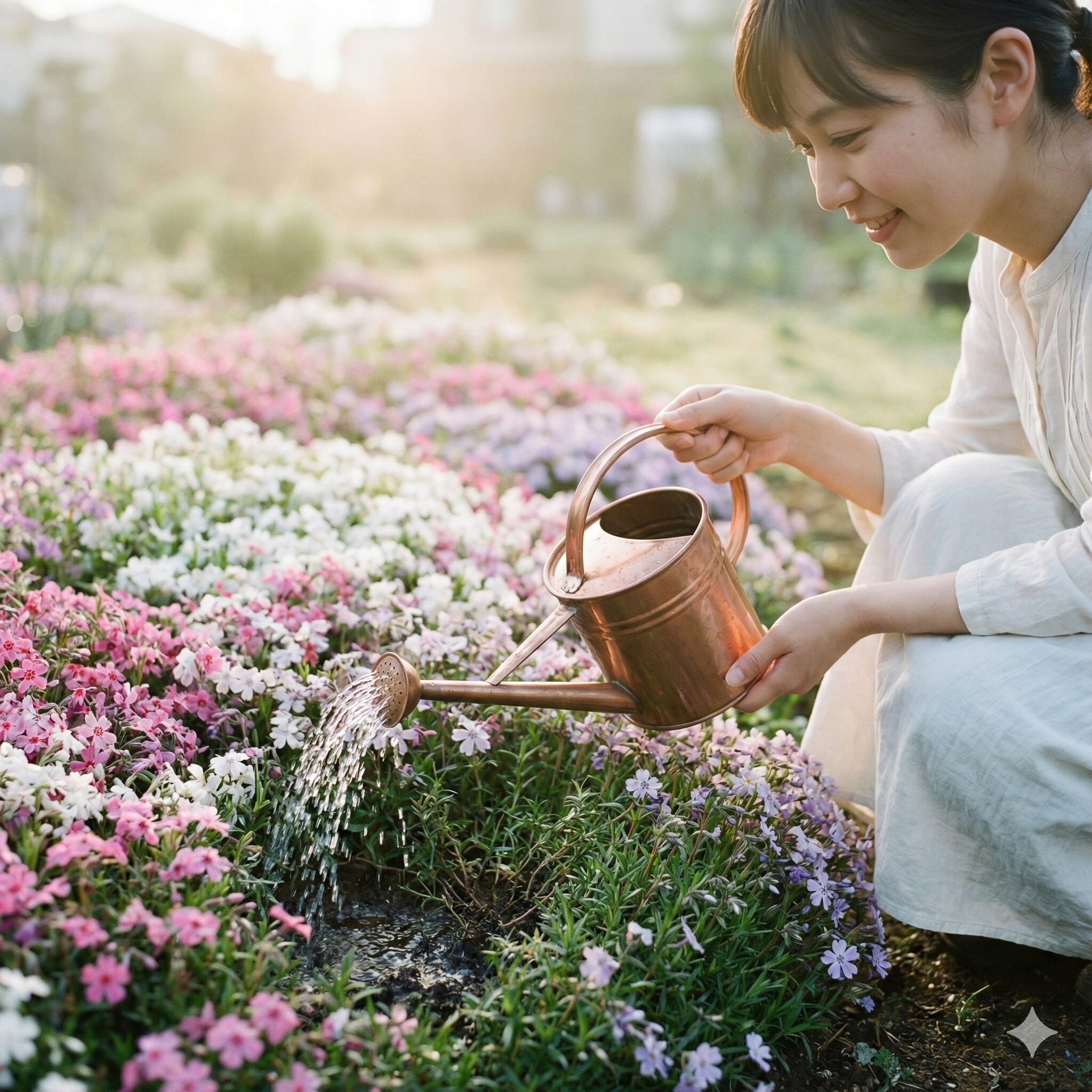芝桜 の植え方8 夏の早朝に芝桜の株元へ優しく水やりをするメンテナンス風景
