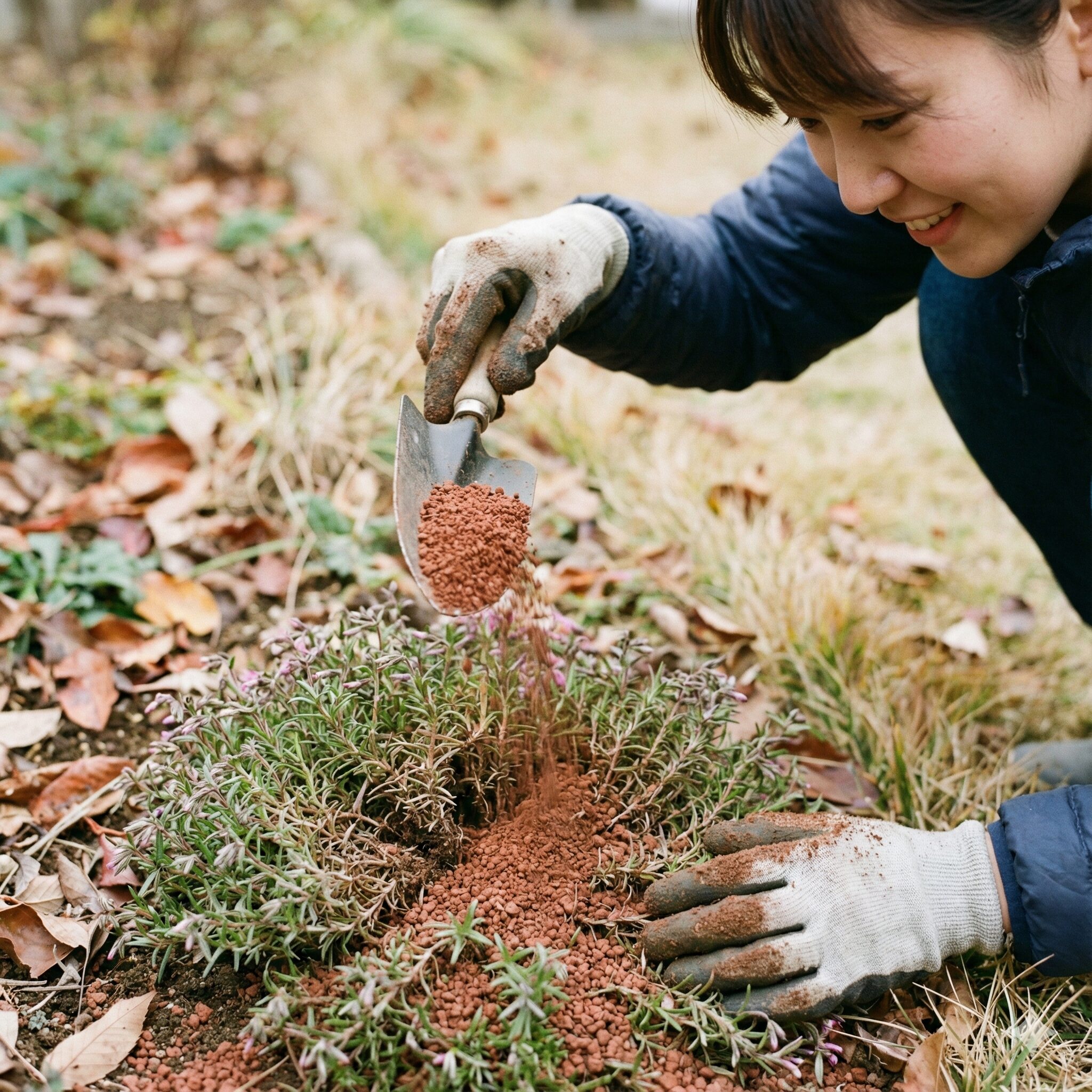 冬の霜柱対策と株の若返りのために、芝桜の株元に細かい目土を施している作業風景。