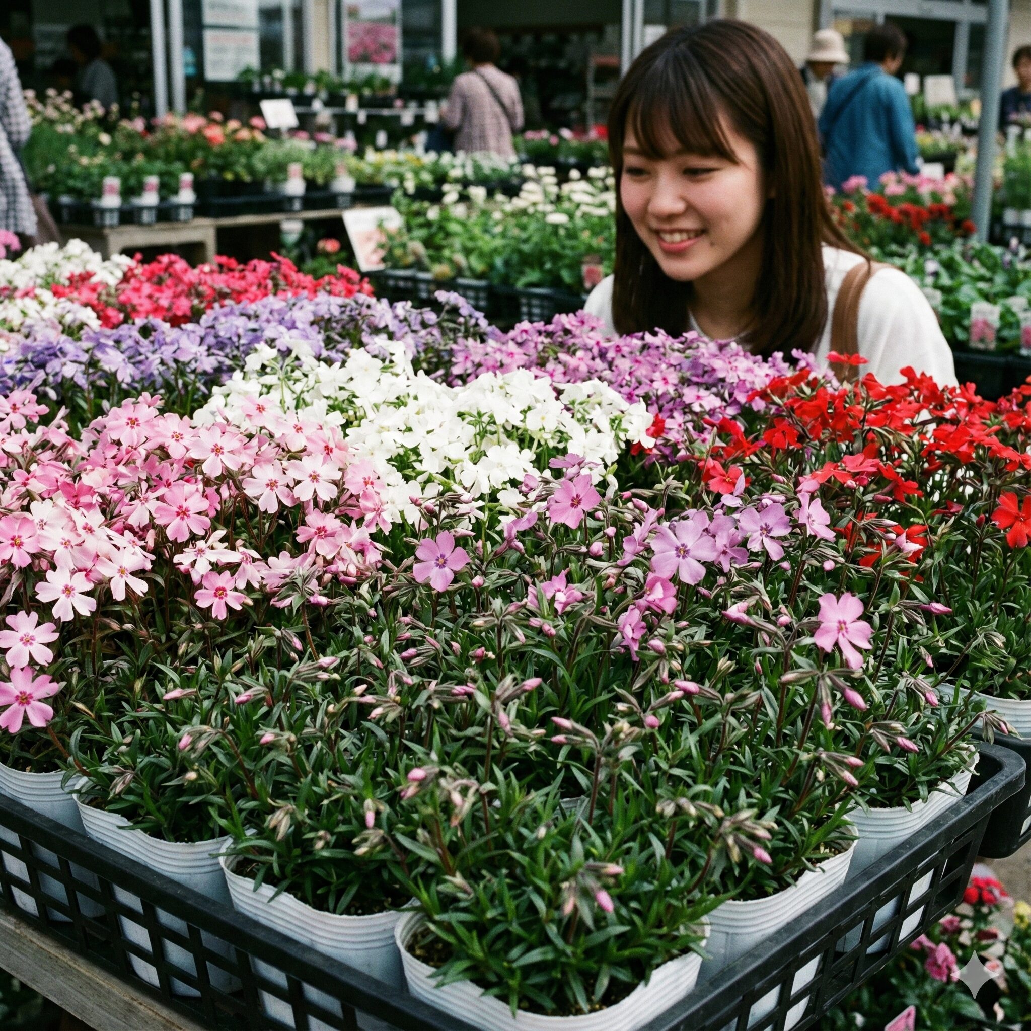 芝桜 植える時期2 春の園芸店で販売されている、花が咲いた状態の健康的な芝桜のポット苗。